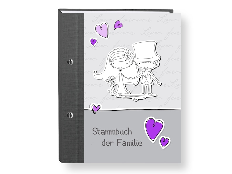 May include: A gray and black photo album with a white background and a cartoon illustration of a bride and groom. The album has the text "Stammbuch der Familie" on the front.