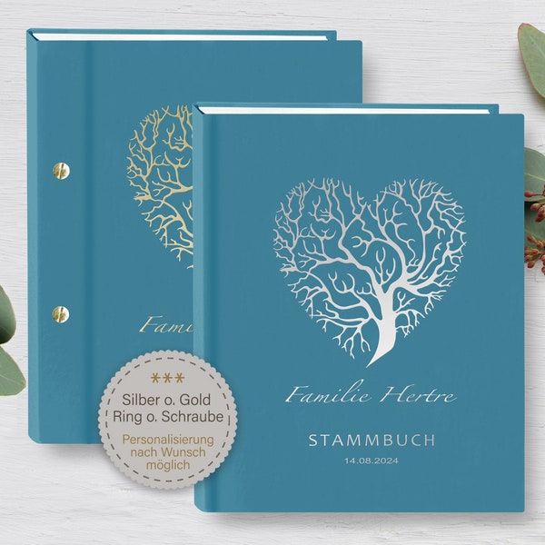 Hertre family family book gold silver A5 A4 family books personalized handmade heart tree turquoise blue