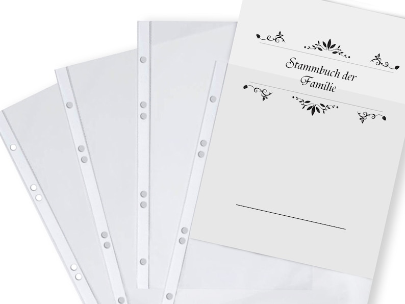 May include: Four clear plastic sheet protectors with holes for a binder. The sheet protectors are on top of a white sheet of paper with the text "Stammbuch der Familie" in black.
