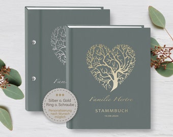 Stammbuch der Familie Hertre Gold Silber A5 Stammbücher personalisiert handgefertigt Herz Baum Grau Hellgrau