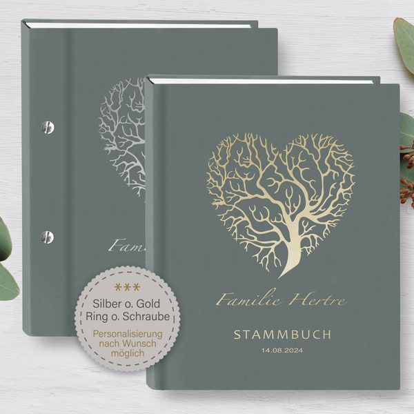 Stammbuch der Familie Hertre Gold Silber A5 Stammbücher personalisiert handgefertigt Herz Baum Grau Hellgrau