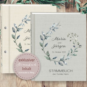 Stammbuch der Familie Greenery A5 A4 Stammbücher personalisiert handgefertigt Leinenstoff beige grau