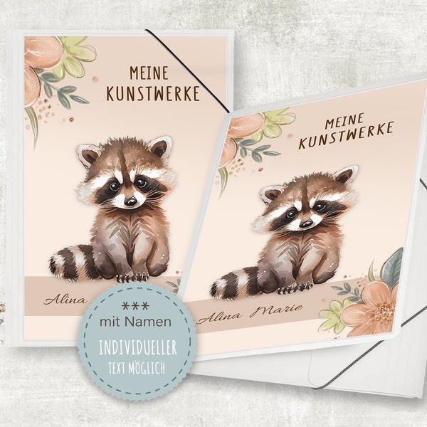 Zeichenmappe A3 Kindergarten Mappe personalisiert mit Namen Racoon Waschbär - Meine Kunstwerke Erinnerungsmappe Sammelmappe Mädchen Junge