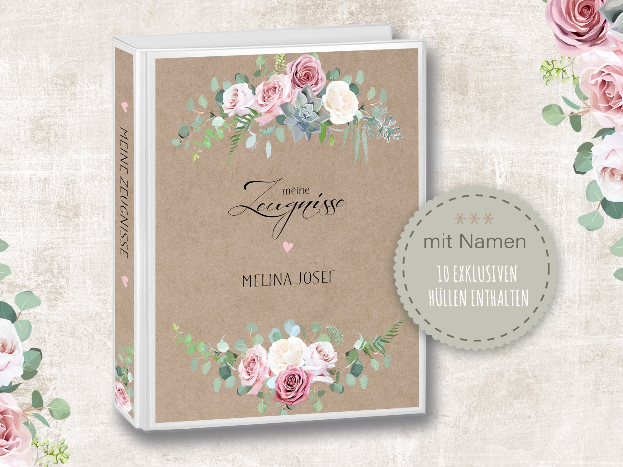 Certificate folder with name personalized Fugala A4 school back to school school child bread paper design flowers roses girl