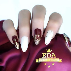 EDA LUXURY BEAUTY Burgundy White Gold French Press On Elegant False Nails Extra Long Oval Round Almond Stiletto Super Fashion Fake Nails image 1