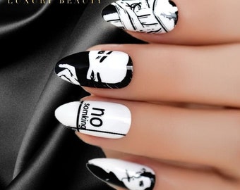 EDA LUXURY BEAUTY White Black Cartoon Graphic Press On Nails Trendy False Nails Extra Long Round Almond Stiletto Super Fashion Fake Nails