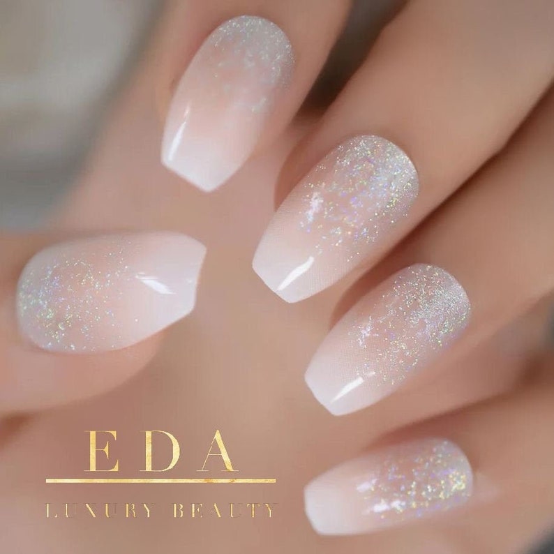 EDA LUXURY BEAUTY Natural Nude Pink Ombre Shimmer White French Press On Glitter False Nails Extra Long Coffin Ballerina Square Fake Nails image 1
