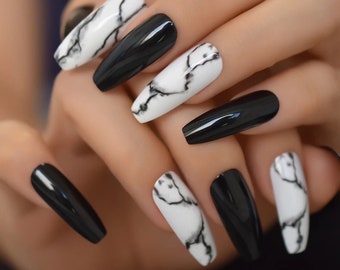 EDA LUXURY BEAUTY Black White Marble Press On Nails Trendy Gothic False Nails Extra Long Coffin Ballerina Square Nail Art Fashion Fake Nails