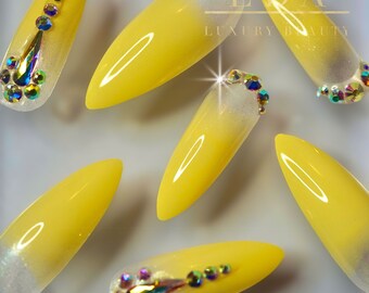 EDA LUXURY BEAUTY Yellow Ombre French 3D Bling Crystal Press On Nails Elegant False Nails Extra Long Round Sharp Stiletto Fake Nails Set