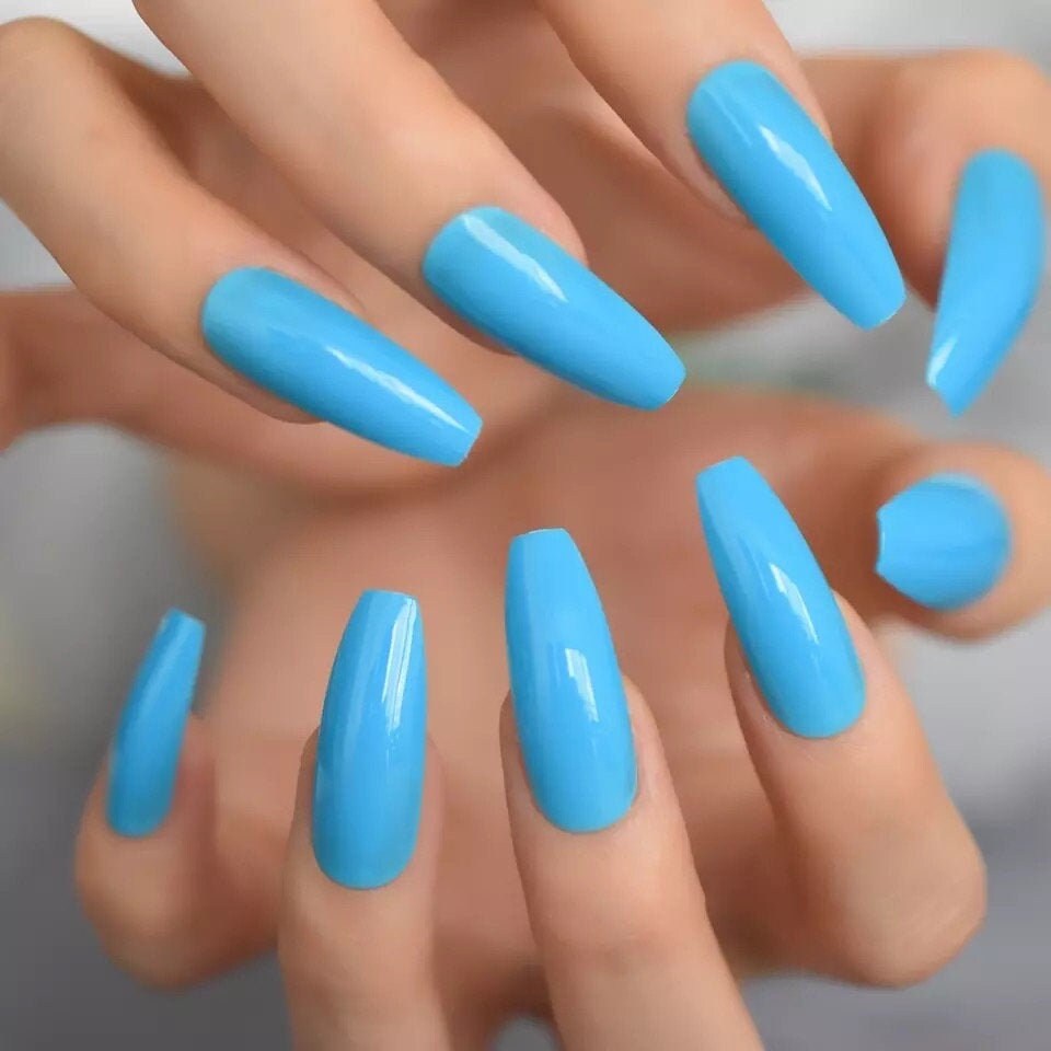 Eda Luxury Beauty Neon Baby Blue Press On Bright Elegant Shiny Etsy