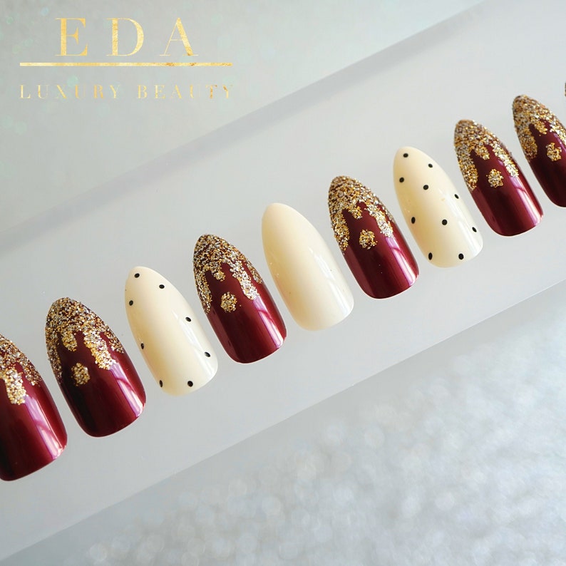 EDA LUXURY BEAUTY Burgundy White Gold French Press On Elegant False Nails Extra Long Oval Round Almond Stiletto Super Fashion Fake Nails image 2