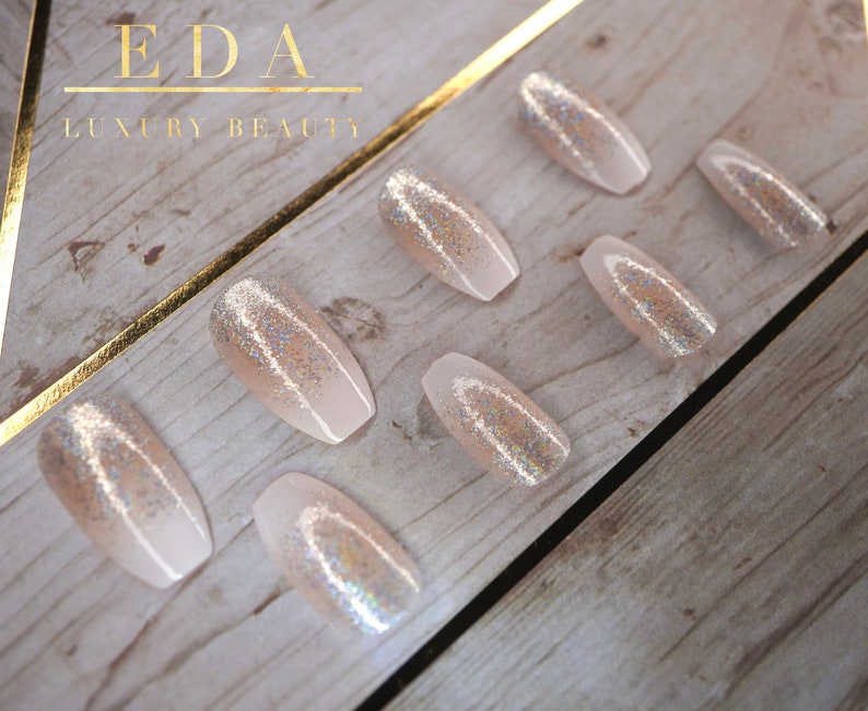 EDA LUXURY BEAUTY Natural Nude Pink Ombre Shimmer White French Press On Glitter False Nails Extra Long Coffin Ballerina Square Fake Nails image 2