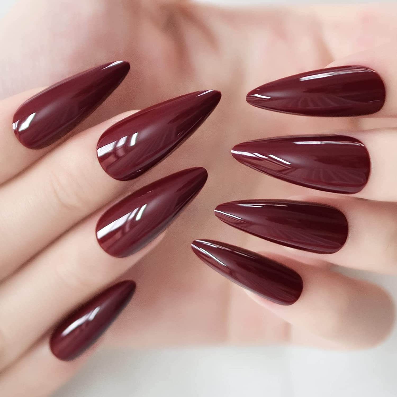  Burgundy Press On Nails Almond, SHOWMORE Dark Red Goth Acrylic  Fake Nails Medium Stiletto Glue On Nails False Nails with Design Reusable  Stick On Nails in 12 Sizes 24 Nail Kit