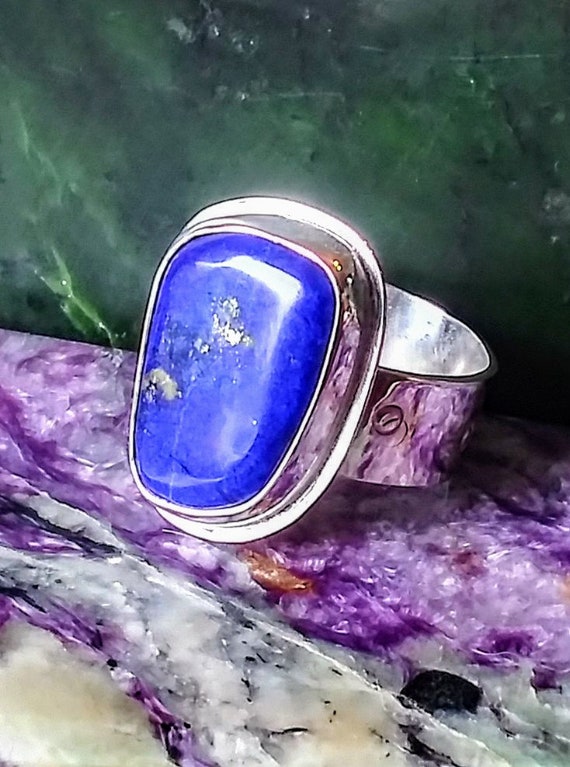 Royal blue nice untreated Afghani lapis ring Handmade rare gemstone jewelry in Mendocino by blues musician-silversmith