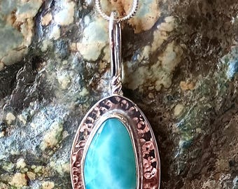 Beautiful AAA Dominican Larimar pendant. Top quality-rare like this. Handmade in Mendocino by musician/silversmith-Untreated