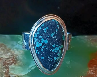 Rare orbicular Hubei turquoise ring. Handmade in Mendocino by musician/silversmith. Untreated natural stone