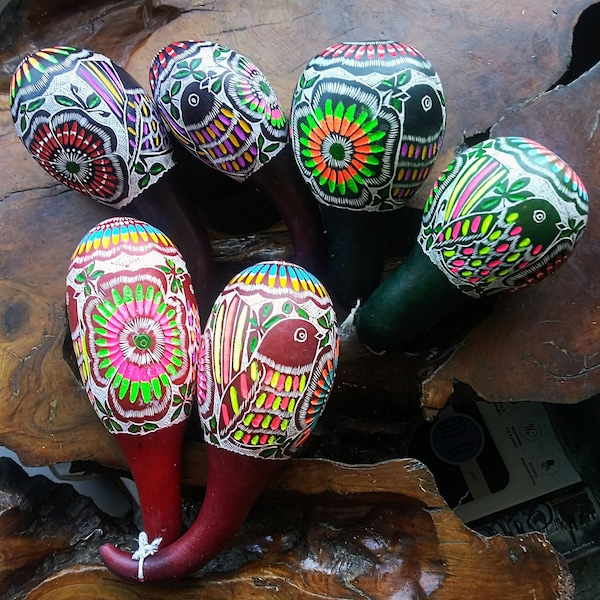 Beautiful color hand carved maracas from Peru! Holiday special