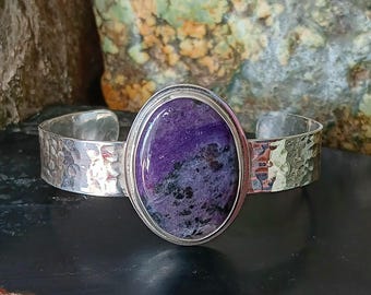 Rare Charoite bracelet. AAA top color & very unique. Made in Mendocino by musician/silversmith. Untreated!