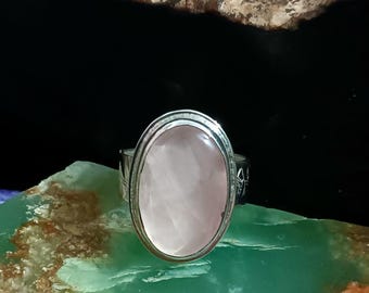 Rose quartz (natural) ring. Silver band with rose & star stamps. Made in Mendocino by musician/silversmith