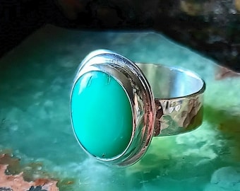 Beautiful pastel Marlborough chrysoprase ring. Nice untreated stone. Handmade in Mendocino by musician/silversmith