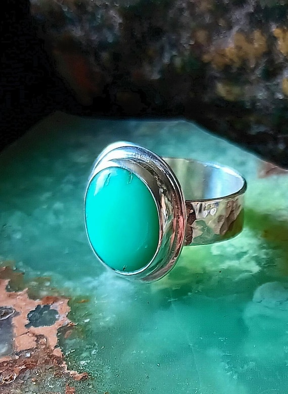 Beautiful pastel Marlborough chrysoprase ring. Nice untreated stone. Handmade in Mendocino by musician/silversmith