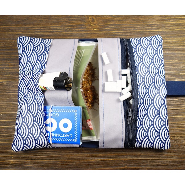 Tabaktasche Japanstyle aus festem Baumwollstoff  -Seigaiha- Muster Reißverschlusstasche klimaneutraler Versand wenig Müll