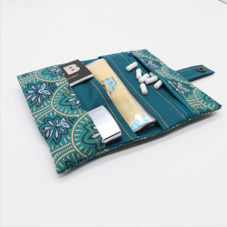 Tabaktasche Jugendstil Petrol | Tabakbeutel Blumen | Drehtasche Baumwolle beschichtet | Geschenk für Raucher mit Reißverschluss Bild 3