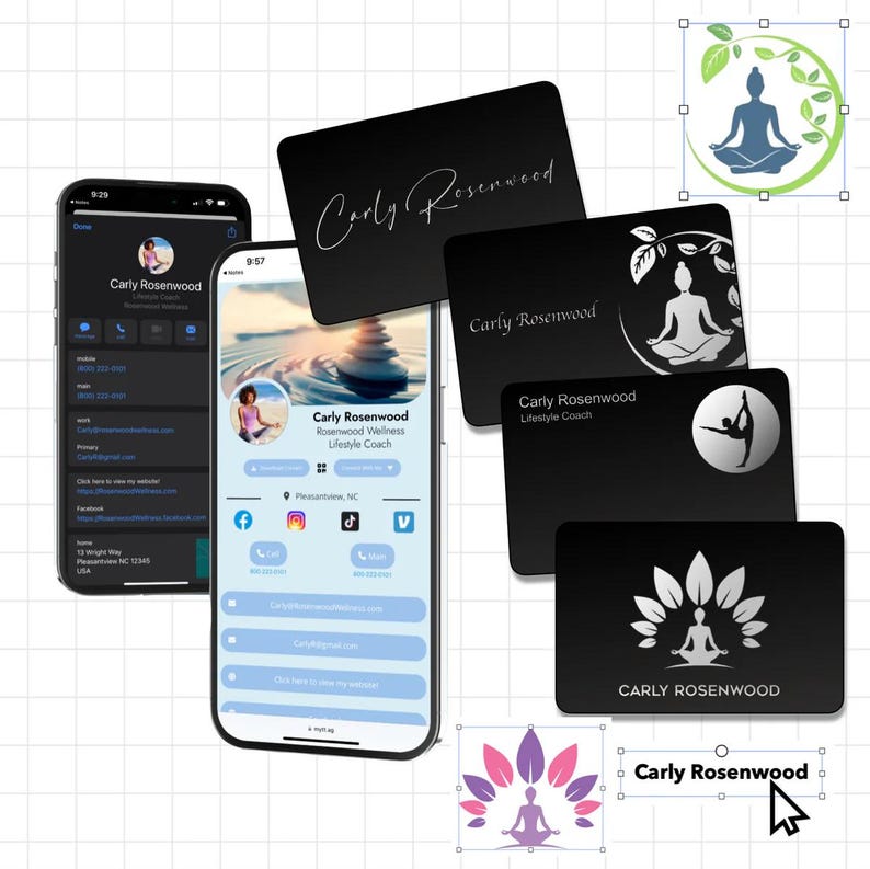 May include: A collection of business cards with a black background and white text. The cards feature a logo of a stylized yoga figure with leaves. The text on the cards reads "Carly Rosenwood" and "Rosewood Wellness Lifestyle Coach".
