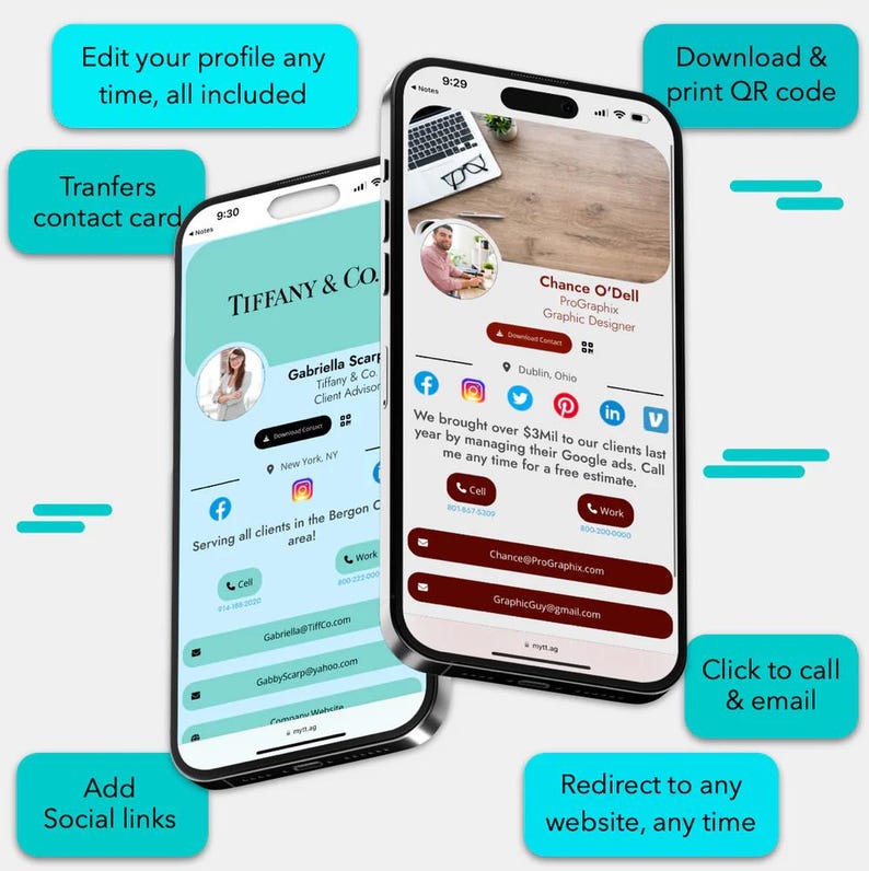 May include: Two mobile phone screens displaying digital business cards. The top screen shows a business card for Chance O'Dell, a graphic designer. The bottom screen shows a business card for Gabriella Scary, a client advisor. Both cards include contact information, social media links, and a call to action to download and print a QR code.