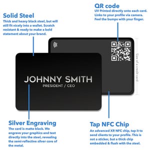 May include: A black metal business card with a silver engraved name "JOHNNY SMITH" and the title "PRESIDENT / CEO". The card also features a QR code and a tap NFC chip.