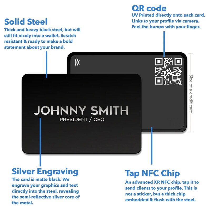 May include: A black metal business card with a silver engraved name "JOHNNY SMITH" and the title "PRESIDENT / CEO". The card also features a QR code and a tap NFC chip.