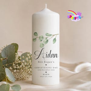 Personalised Christening Candle Ireland – Eucalyptus Design