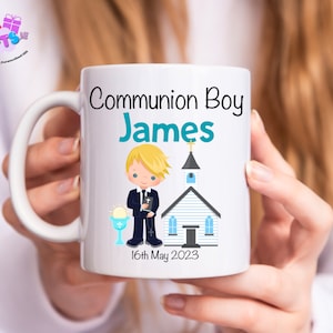 Mug Première communion personnalisée pour garçon Irlande - Cadeau personnalisé pour le jour de ma première communion - Costume bleu