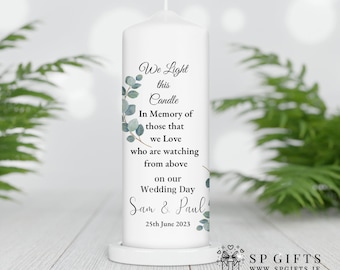 Vela de recuerdo del día de la boda / Vela de ausencia personalizada / Vela de recuerdo de boda / Vela conmemorativa / Diseño de eucalipto