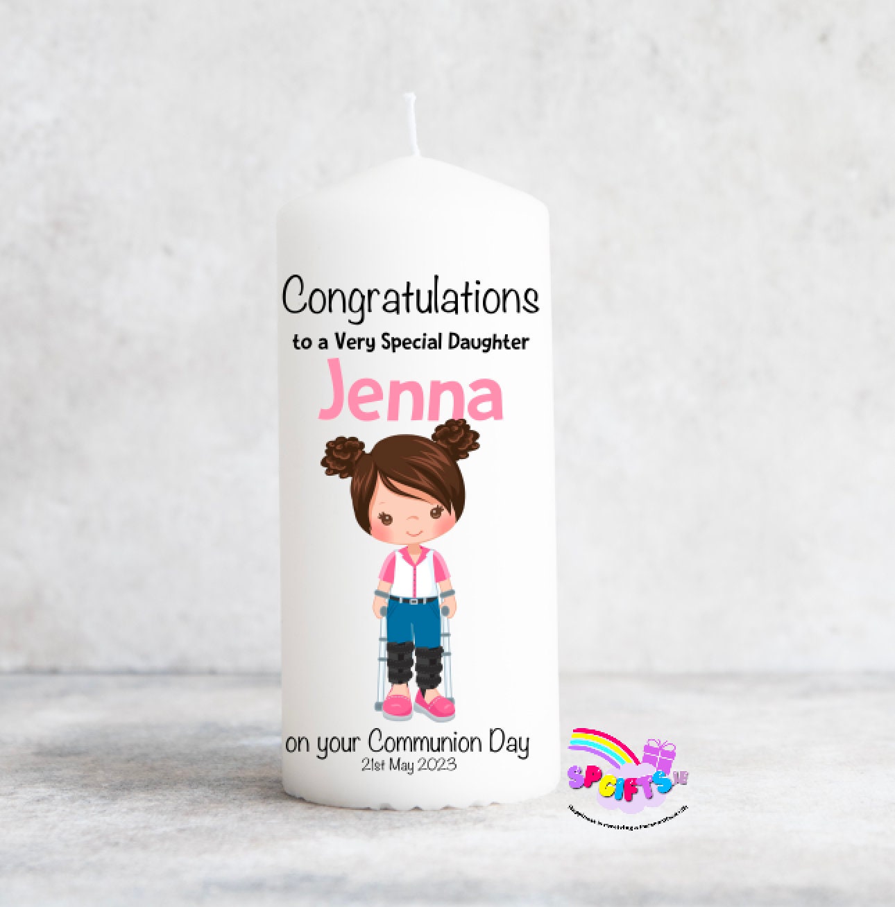 Girl with leg braces First Holy Communion Candle - Personalised My 1st Holy Communion Day Candle - Communion Day Gift - Leg Braces