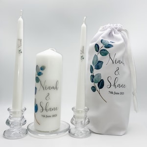 Personalised Unity Candle Set & Bag - Personalised Wedding candle set - Ceremony Candles - Eucalyptus Leaves Wedding Candle Set - Ireland