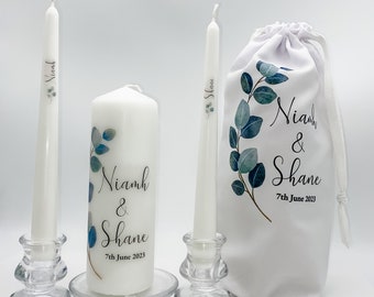 Personalised Unity Candle Set & Bag - Personalised Wedding candle set - Ceremony Candles - Eucalyptus Leaves Wedding Candle Set - Ireland