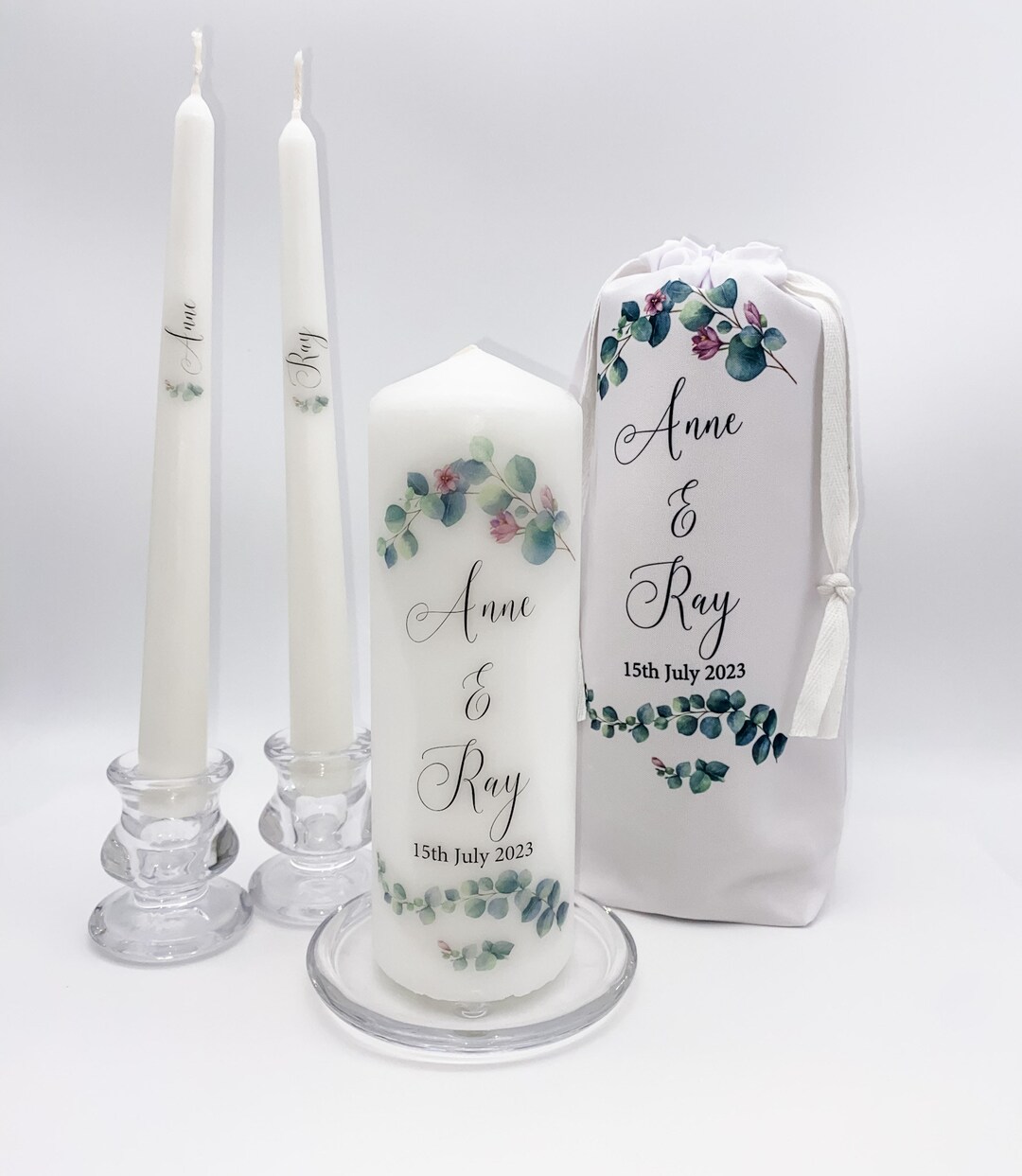 Wedding Candles Ireland Wedding Unity Candle Set or Bag With a Captivating Eucalyptus Design