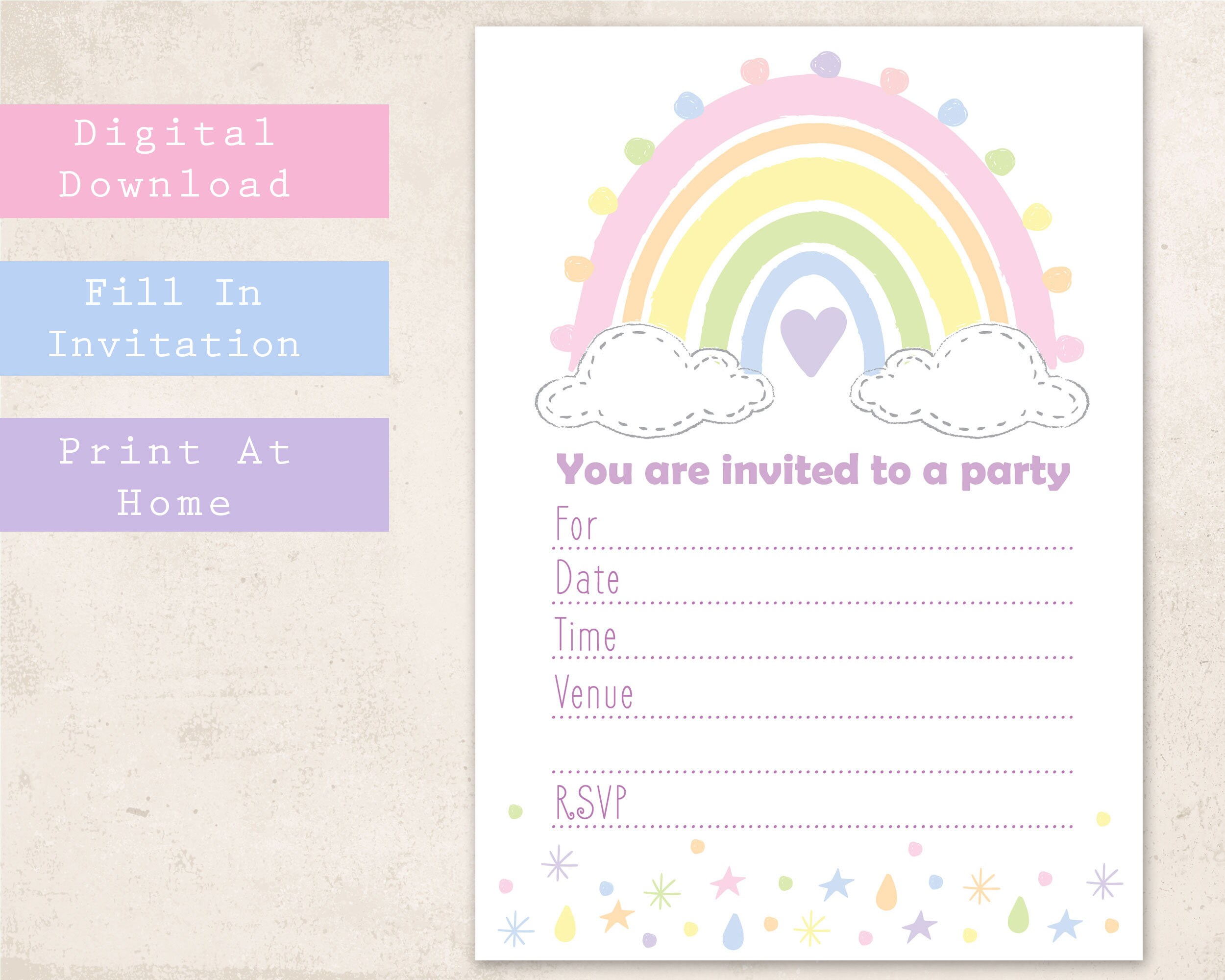 Rainbow Birthday Party Invitation in a pastel colourway Etsy