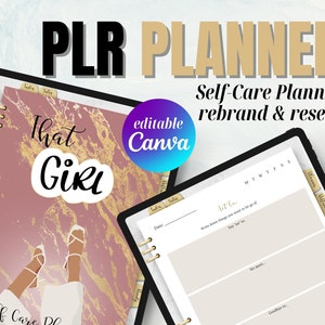 Op de afbeelding: Een roze en gouden marmeren planner met de tekst "That Girl" en "Self Care Planner" op de omslag. De planner is open op een pagina met de tekst "Let Go" en een sectie om dingen op te schrijven die je wilt loslaten.