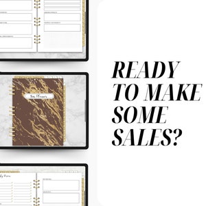 Pu&ograve; includere: Un tablet digitale che mostra un planner in marmo marrone e oro con il testo "Your Planner" sulla copertina. Il testo "READY TO MAKE SOME SALES?" &egrave; visualizzato su uno sfondo bianco.