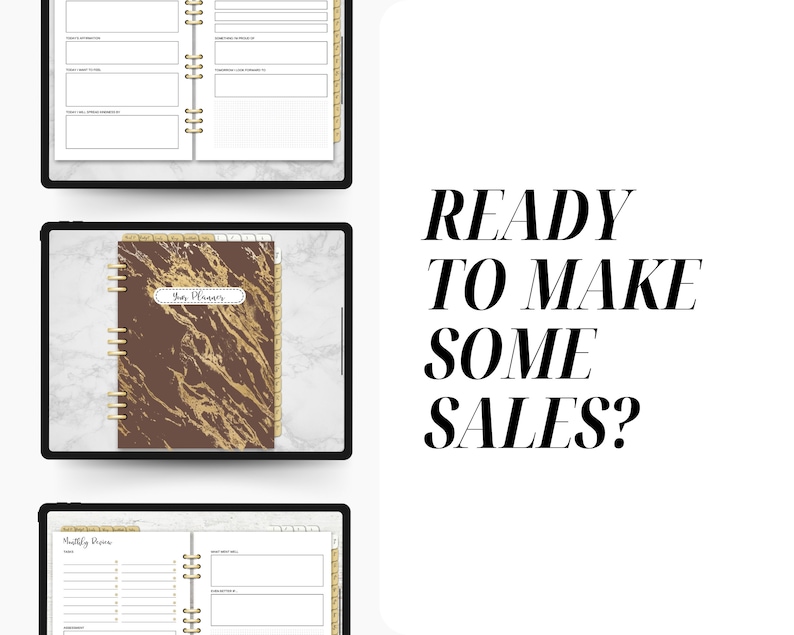 Pu&ograve; includere: Un tablet digitale che mostra un planner in marmo marrone e oro con il testo "Your Planner" sulla copertina. Il testo "READY TO MAKE SOME SALES?" &egrave; visualizzato su uno sfondo bianco.