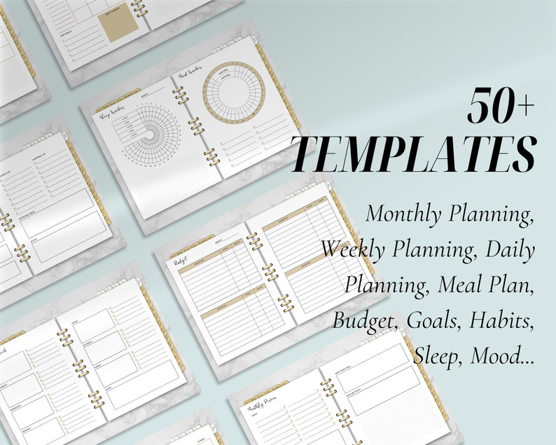 Pu&ograve; includere: Una collezione di oltre 50 modelli di planner stampabili per la pianificazione mensile, settimanale e giornaliera. I modelli includono sezioni per la pianificazione dei pasti, la creazione di budget, l'impostazione degli obiettivi, il monitoraggio delle abitudini, il sonno e il monitoraggio dell'umore. I modelli sono progettati con uno sfondo in marmo e accenti dorati.