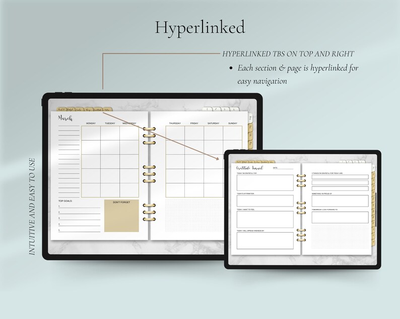 Pu&ograve; includere: Un planner digitale con un calendario mensile, una lista di cose da fare e un diario di gratitudine. Il planner &egrave; aperto al mese di marzo e ha uno sfondo di marmo. Il testo "Hyperlinked" &egrave; nella parte superiore dell'immagine. Il testo "HYPERLINKED TBS ON TOP AND RIGHT" &egrave; sotto il testo "Hyperlinked". Il testo "Each section & page is hyperlinked for easy navigation" &egrave; sotto il testo "HYPERLINKED TBS ON TOP AND RIGHT".
