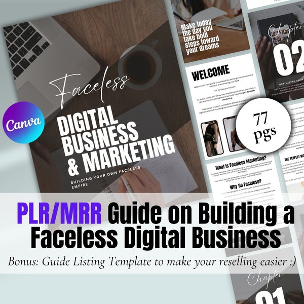 The Faceless Business Ultimate Guide to Success with MRR, PLR Digital Product, Master Resell Rights PLR, Digital Marketing Canva Template