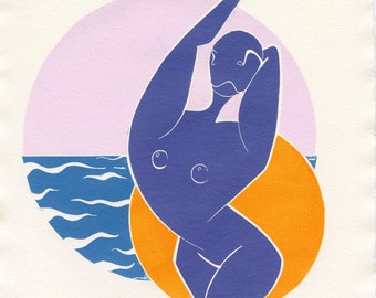 Original linocut print. 40x30 cm. Title: Rise and shine. Violet, orange, bright blue. Feminism, Empowerment.