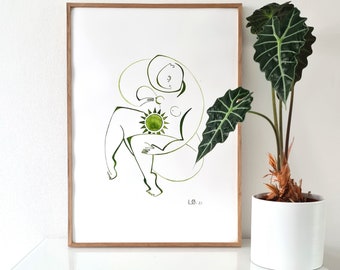 Original ink painting. Olive green ink. Green. Woman. Simple. Feministic art. 50x70. Wall art. Title: Mor.