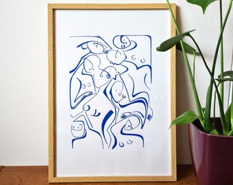 Original drawing. A3. Posca pen. Simple drawing. Blue. Humans. Graphic. Wall art. Title: Squeezed.