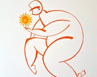 Original drawing. 29,7 x 40. Posca pen. Simple drawing. Orange. Human. Graphic. Wall art. Title: Orange sol..