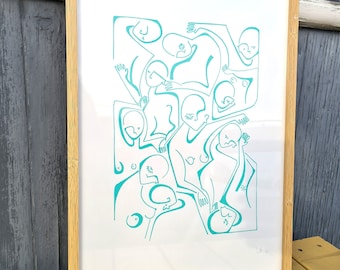Original drawing. A3. Posca pen. Simple drawing. Blue. Humans. Graphic. Wall art. Title: Squeezed.